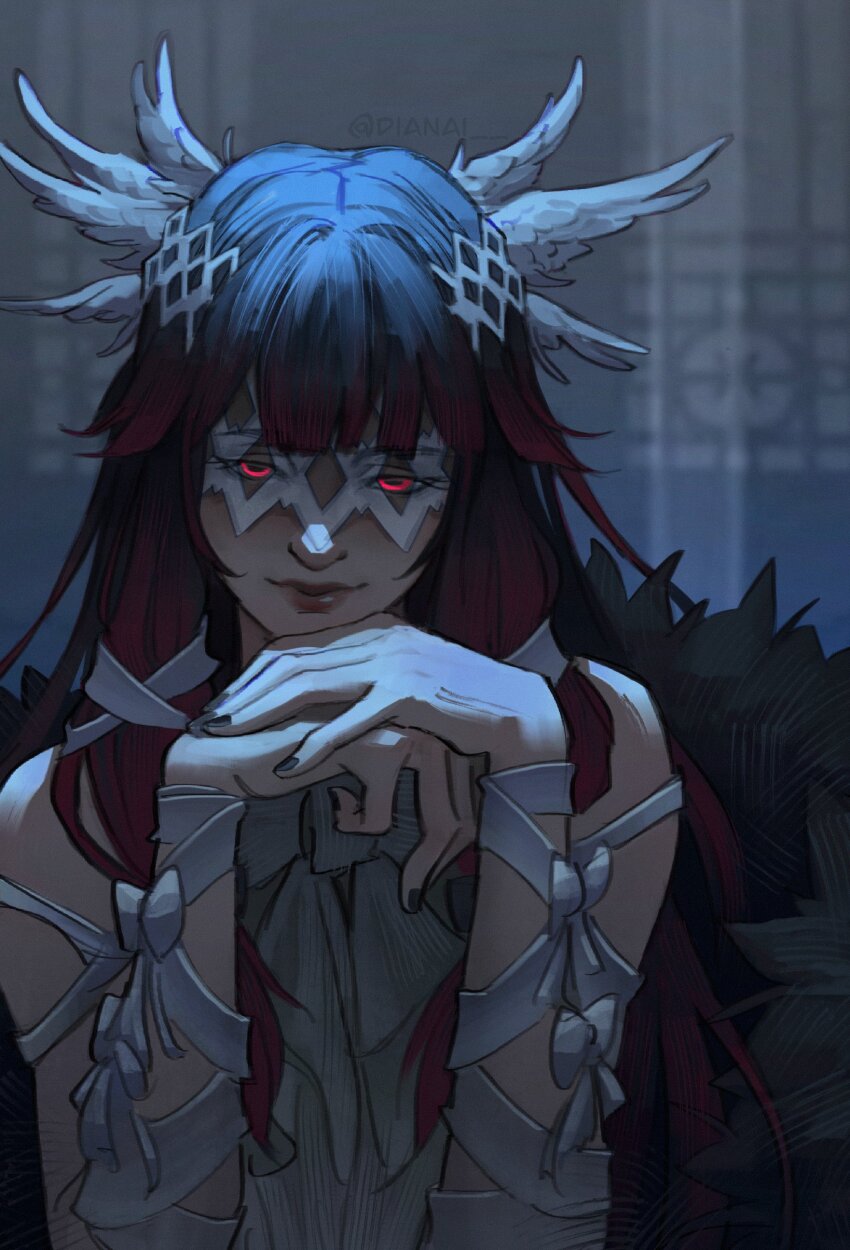 1girl, absurdres, angel, black_hair, columbina_(genshin_impact), dianaii, dress, feathered_wings, genshin_impact, glowing, glowing_eyes, hair_ribbon, head_wings, highres, long_hair, looking_at_viewer, pink_eyes, ribbon, solo, tress_ribbon, very_long_hair, white_dress, white_ribbon, wings