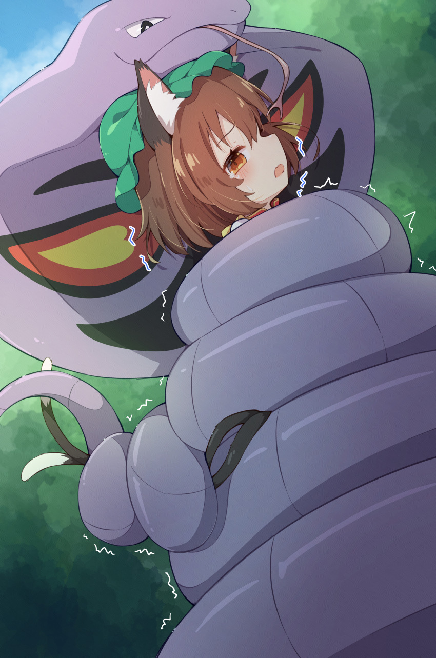 1girl, absurdres, animal_ear_fluff, animal_ears, arbok, black_eyes, blush, brown_hair