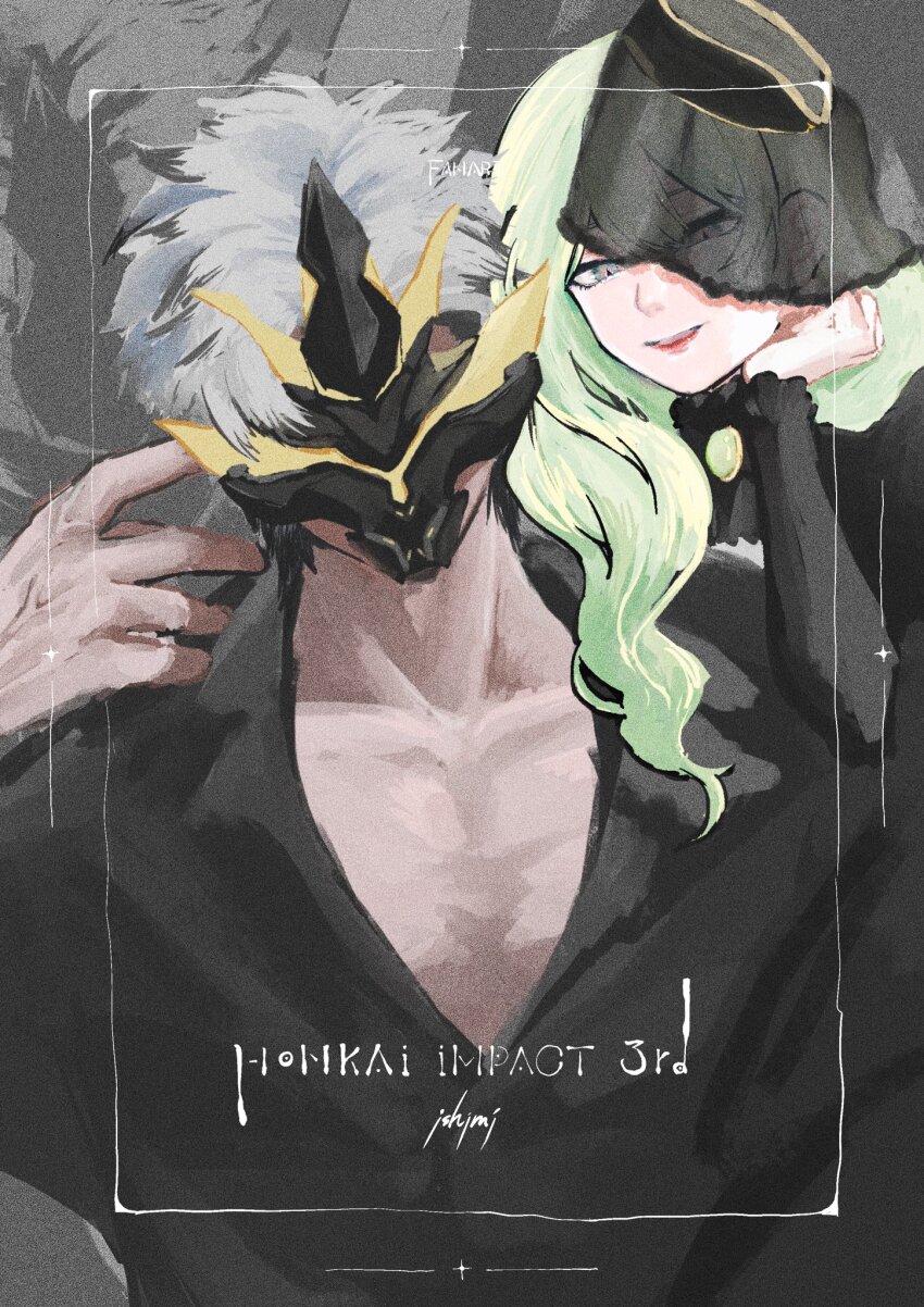 1boy, 1girl, artist_name, black_shirt, black_veil, copyright_name, green_hair, grey_hair, hashtag-only_commentary, highres, honkai_(series), honkai_impact_3rd, ishimi831, kalpas_(honkai_impact), long_hair, mobius_(honkai_impact), pectorals, see-through_clothes, see-through_veil, shirt, short_hair, upper_body, veil