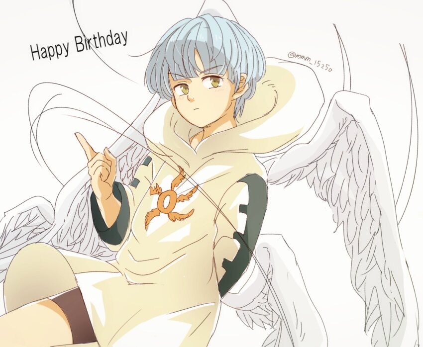 1boy, angel_wings, feathered_wings, grey_hair, happy_birthday, hood, low_wings, magic