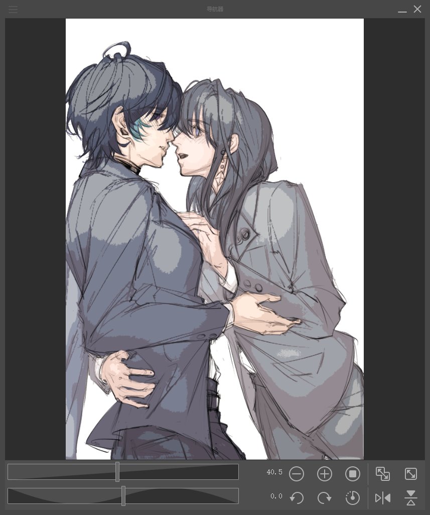 2girls, art_program_in_frame, black_hair, black_pants, blue_hair, blush, chief_(path_to_nowhere), chinese_commentary, cinnabar_(path_to_nowhere), commentary_request, earrings, female_chief_(path_to_nowhere), grey_jacket, grey_pants, hand_on_another's_chest, hand_on_another's_waist, jacket, jewelry, long_hair, long_sleeves, looking_at_another, lxychristina, multicolored_hair, multiple_girls, noses_touching, open_mouth, pants, path_to_nowhere, short_hair, streaked_hair, unfinished, yuri