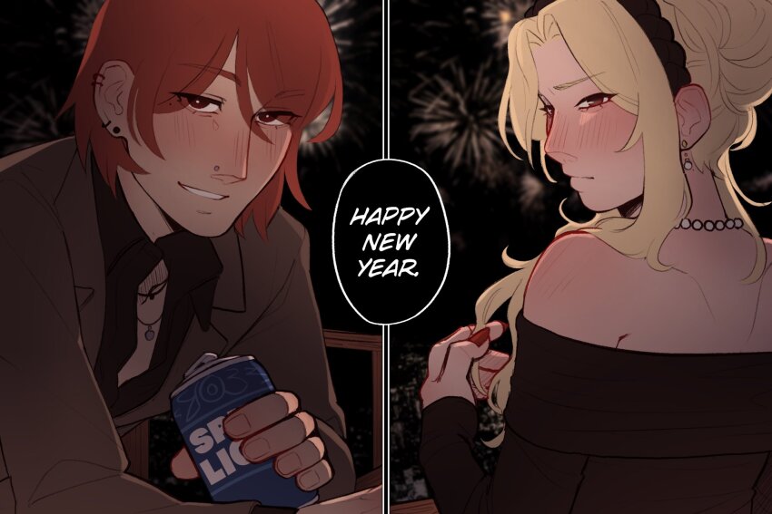 2girls, aerial_fireworks, bare_shoulders, beer_can, bistro_huddy, black_dress, black_hairband, black_shirt, blonde_hair, blush, can, closed_mouth, collared_shirt, commentary, dress, drink_can, ear_piercing, earrings, english_commentary, face_piercing, fireworks, grey_jacket, hair_bun, hair_up, hairband, highres, holding, holding_can, jacket, jewelry, long_hair, looking_at_another, multiple_girls, necklace, nicole_(bistro_huddy), night, nose_piercing, off-shoulder_dress, off_shoulder, outdoors, parted_lips, piercing, red_eyes, red_hair, red_nails, ruby_(bistro_huddy), shirt, short_hair, tiredjust1, yuri