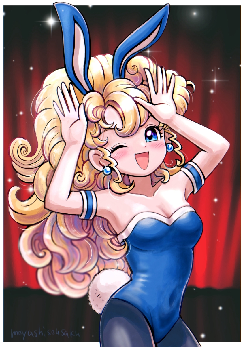 1girl, ;d, absurdres, animal_ears, armlet, big_hair, blonde_hair, blue_eyes
