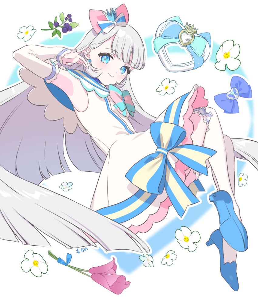 1girl, blue_eyes, blue_footwear, blunt_bangs, breasts, closed_mouth, cure_nyammy, disembodied_hand