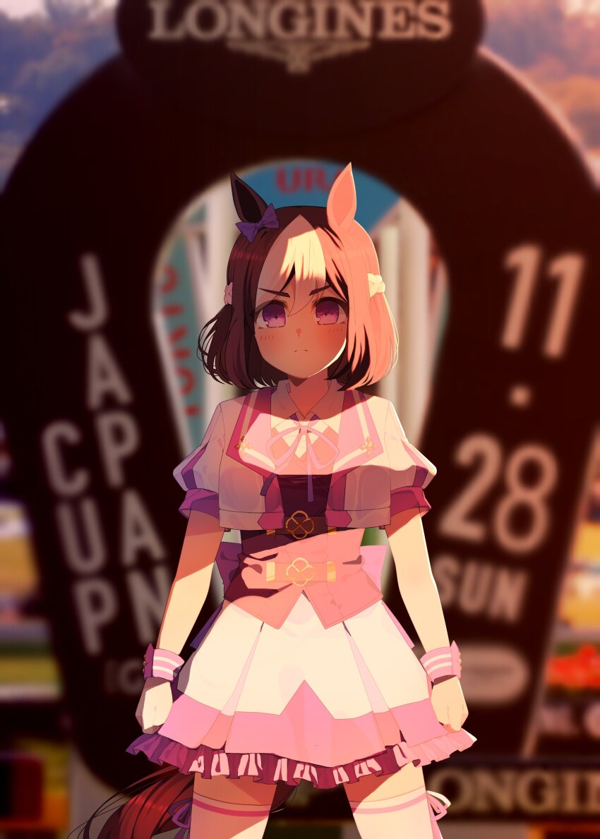 1girl, absurdres, amane_hikari, animal_ears, blurry, blurry_background, blush, breasts, brown_hair, clenched_hands, closed_mouth, commentary_request, dated, english_text, hair_between_eyes, hair_ornament, highres, horse_ears, horse_girl, japan_cup, long_hair, looking_at_viewer, medium_breasts, purple_eyes, sky, solo, special_week_(special_dreamer)_(umamusume), special_week_(umamusume), umamusume