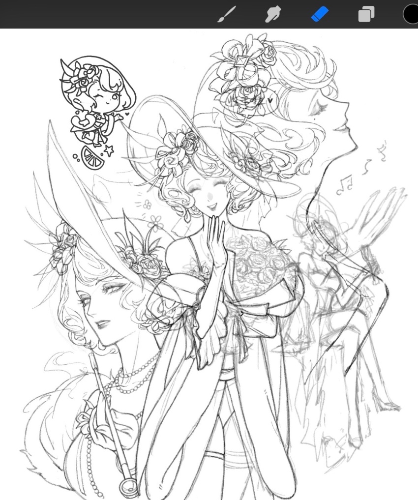 1girl, art_program_in_frame, bouquet, camisole, chibi, chibi_inset, chinese_commentary, claireomills