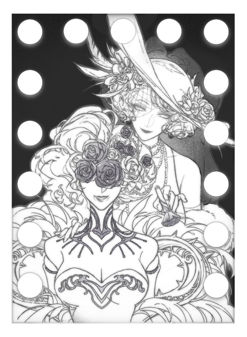 2girls, applying_another's_makeup, applying_makeup, bare_shoulders, body_markings, border, breasts, chinese_commentary