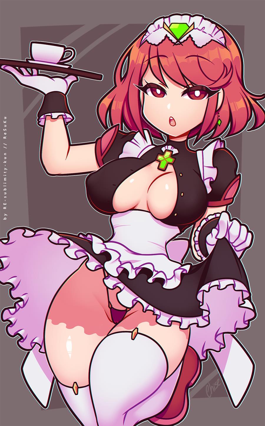 1girl, :o, alternate_costume, apron, breasts, cleavage_cutout, clothing_cutout, earrings