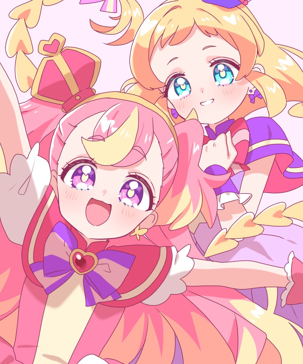 2girls, :d, blonde_hair, blue_eyes, bow, bow_earrings, bowtie, braid