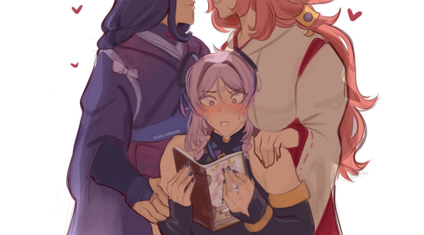 3girls, bare_shoulders, blue_eyes, blush, book, braid, bridal_gauntlets, citlali_(genshin_impact)