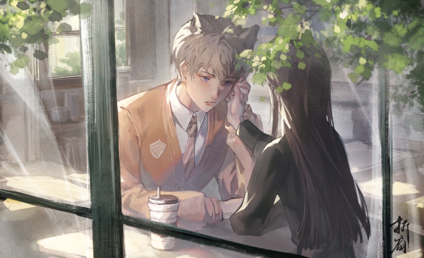 1boy, 1girl, absurdres, animal_ears, black_hair, black_shirt, blazer, blonde_hair