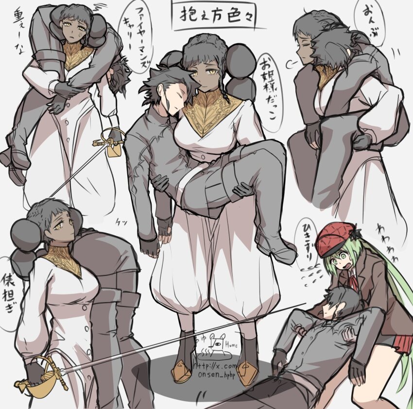1boy, 2girls, armpit_carry, black_hair, carrying, carrying_over_shoulder, carrying_person, dark-skinned_female, dark_skin, desscaras, double_bun, earrings, fireman's_carry, gloves, green_eyes, green_hair, hair_bun, hat, highres, holding, holding_sword, holding_weapon, ichi_(madan_no_ichi), jacket, jewelry, kumugi_(madan_no_ichi), lifting_person, long_hair, long_sleeves, looking_at_viewer, madan_no_ichi, multiple_girls, on_shoulder, onsen_hphp, open_mouth, piggyback, princess_carry, ribbon, shirt, short_hair, skirt, sword, twintails, very_dark_skin, weapon, witch, yellow_eyes