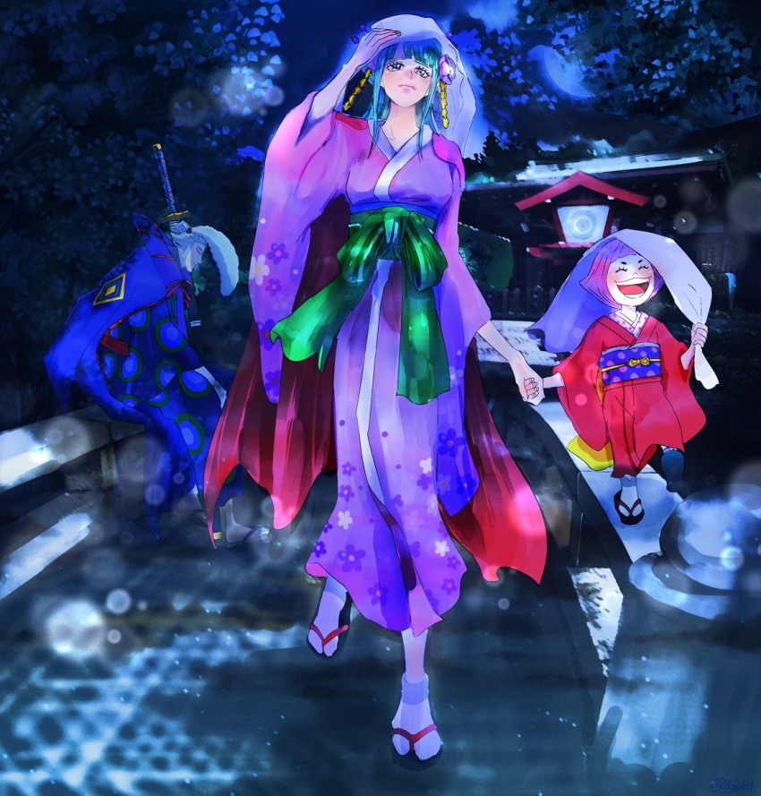 1boy, 2girls, blue_hair, blunt_bangs, child, closed_mouth, commentary_request, denjirou_(one_piece), flower, full_body, hair_flower, hair_ornament, harakara12, highres, japanese_clothes, katana, kimono, kouzuki_hiyori, long_hair, long_sideburns, long_sleeves, multiple_girls, night, one_piece, open_mouth, outdoors, pink_flower, pink_hair, pompadour, short_hair, sideburns, sitting, smile, sword, toko_(one_piece), weapon