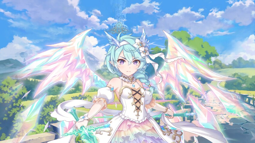 1girl, absurdres, blue_hair, blue_horns, braid, breasts, cleavage, closed_mouth, cross-laced_clothes, cross-laced_dress, crossed_bangs, crystal_wings, dragon_horns, dragon_wings, dress, dual_wielding, elbow_gloves, floating, floating_object, flower, frilled_dress, frills, gloves, hair_between_eyes, hair_flower, hair_ornament, hair_over_shoulder, hairband, highres, holding, holding_sword, holding_weapon, horns, light_blue_hair, long_hair, looking_at_viewer, official_alternate_costume, official_art, pantyhose, princess_connect!, purple_eyes, reverse_grip, sheffy_(princess)_(princess_connect!), sheffy_(princess_connect!), short_dress, single_braid, small_breasts, solo, standing, sword, third-party_source, v-shaped_eyebrows, weapon, white_dress, white_flower, white_hairband, white_pantyhose, wings