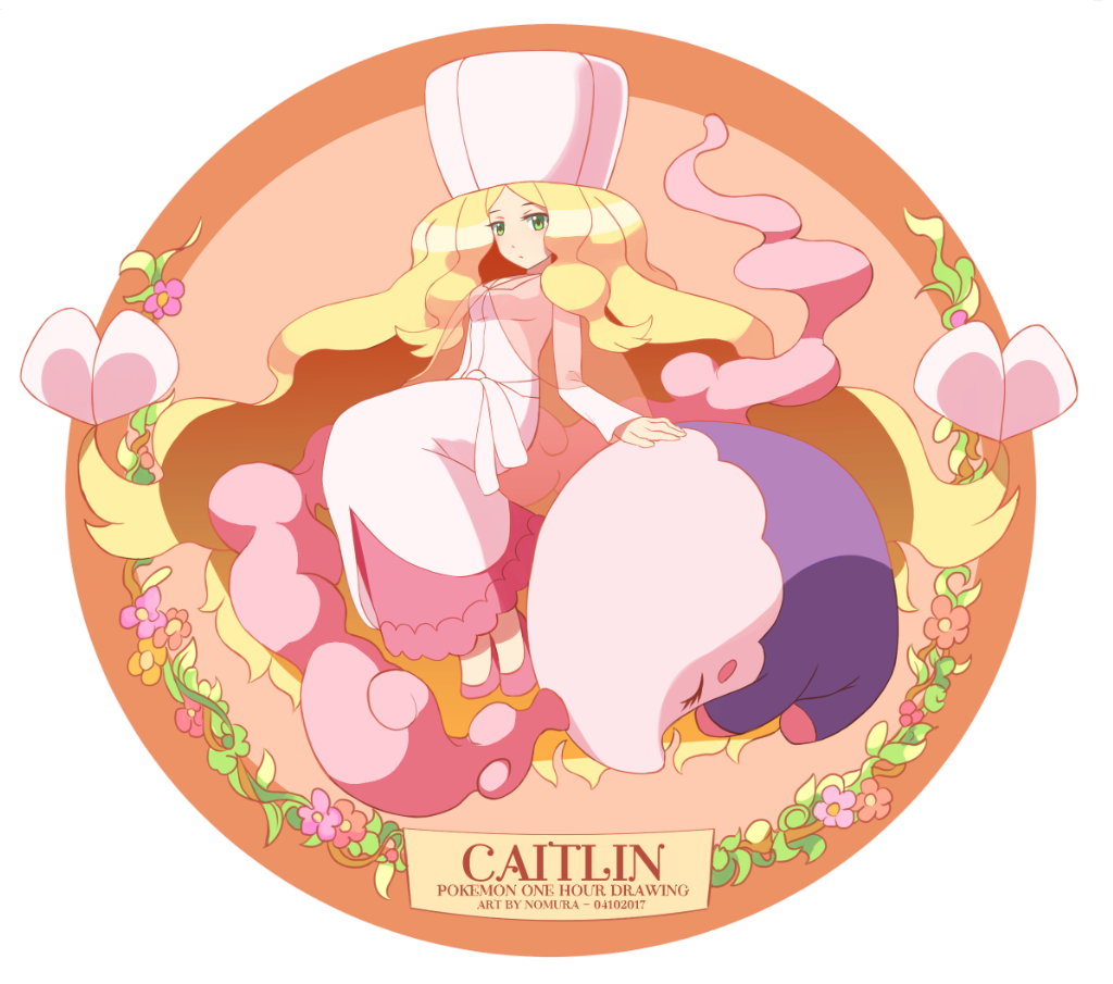 1girl, artist_name, blonde_hair, border, caitlin_(pokemon), character_name, closed_mouth, colored_smoke