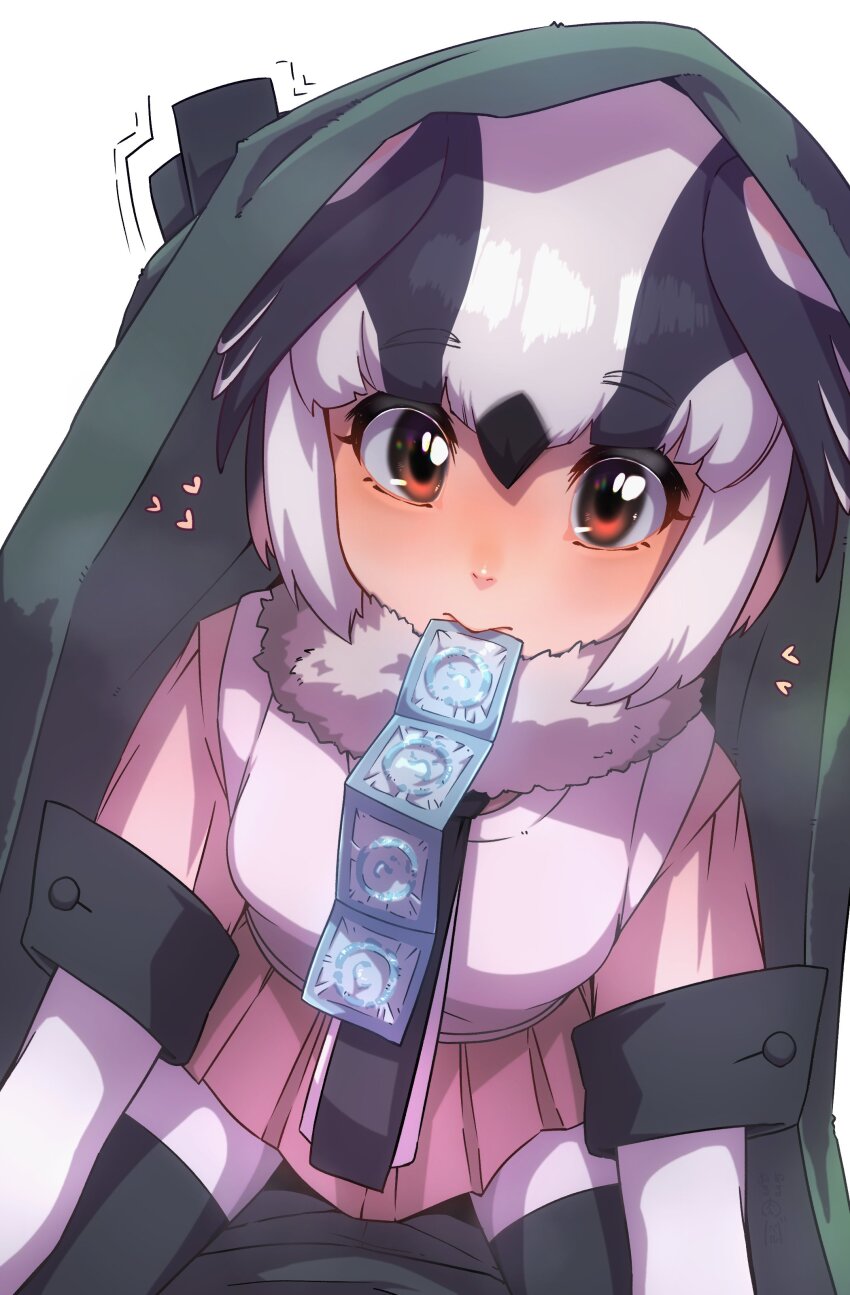 1girl, absurdres, bird_wings, black_hair, bodystocking, closed_mouth, condom, condom_in_mouth, condom_packet_strip, condom_wrapper, fur_collar, girl_on_top, grey_hair, head_wings, heart, highres, kemono_friends, kemono_friends_3, long-tailed_tit_(kemono_friends), looking_at_viewer, miniskirt, mouth_hold, multicolored_hair, necktie, nuruniku, pov, pov_crotch, red_eyes, shirt, short_sleeves, skirt, solo_focus, sweater_vest, thighhighs, thin_(suzuneya), two-tone_hair, wings