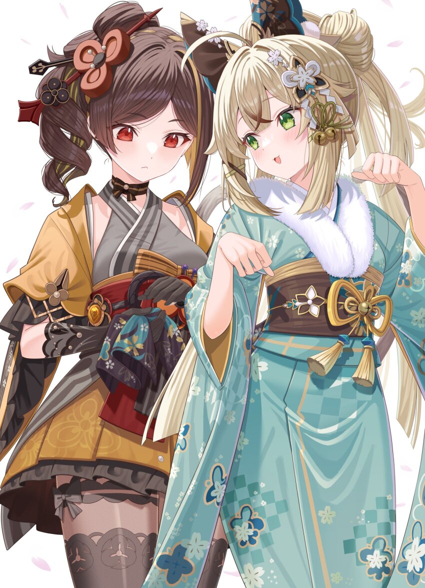 2girls, :d, bell, black_bow, black_bowtie, black_gloves, black_sash, black_thighhighs