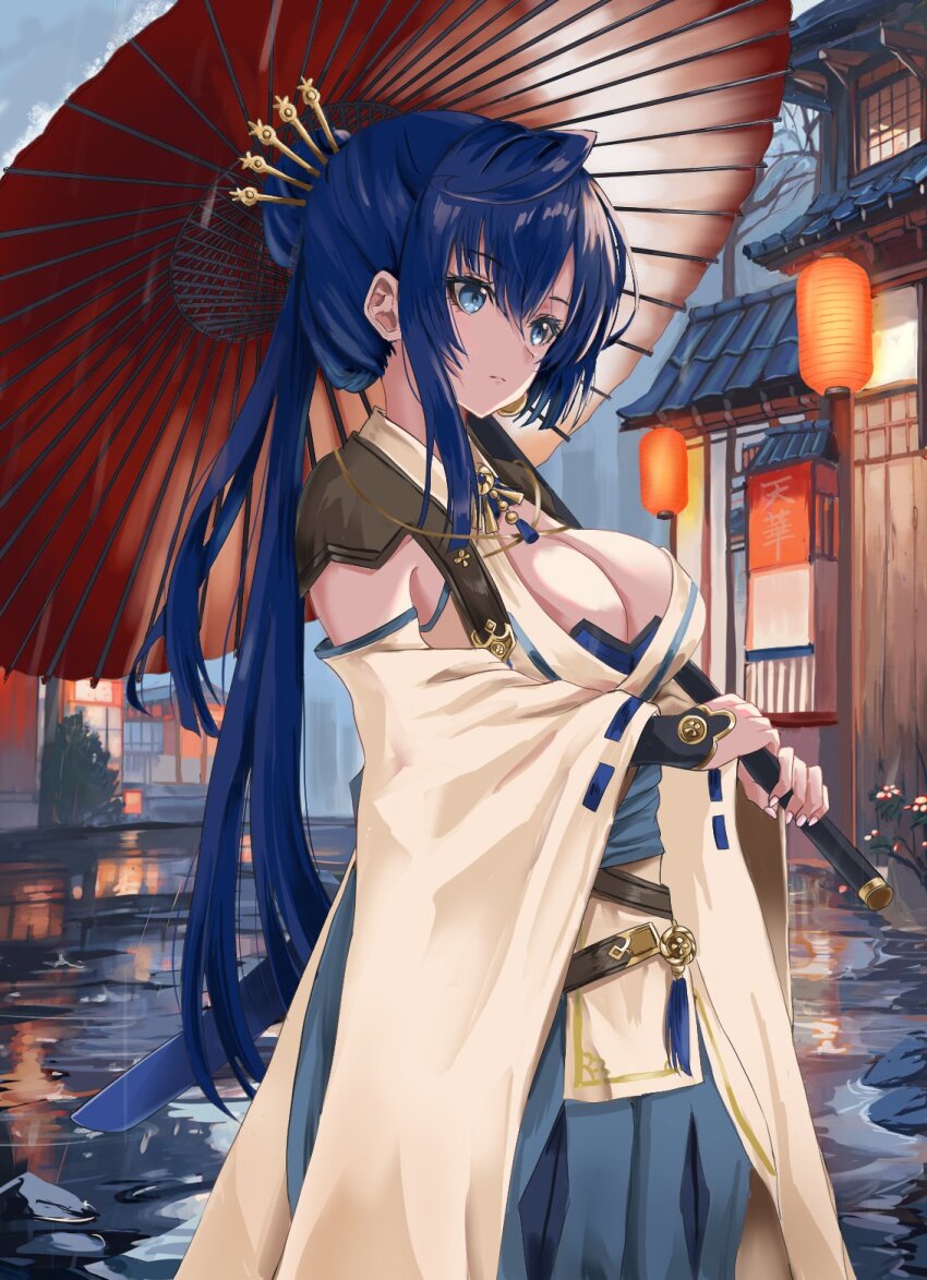 1girl, architecture, belt, blue_eyes, blue_hair, blue_sash, blue_skirt, breasts