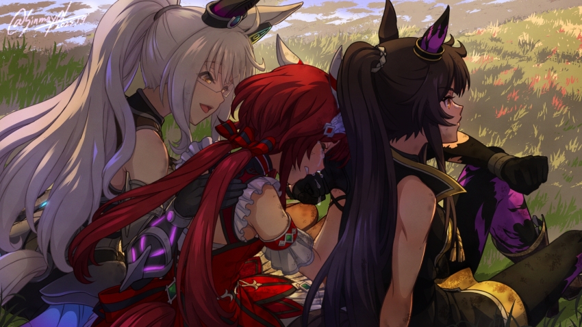 3girls, animal_ears, bare_shoulders, biwa_hayahide_(engineered_victory)_(umamusume), biwa_hayahide_(umamusume), black_collar, black_hair, black_jacket