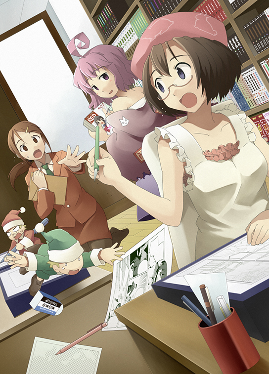 2boys, 3girls, ahoge, bad_id, bad_pixiv_id, bare_shoulders, blue_eyes, bookshelf