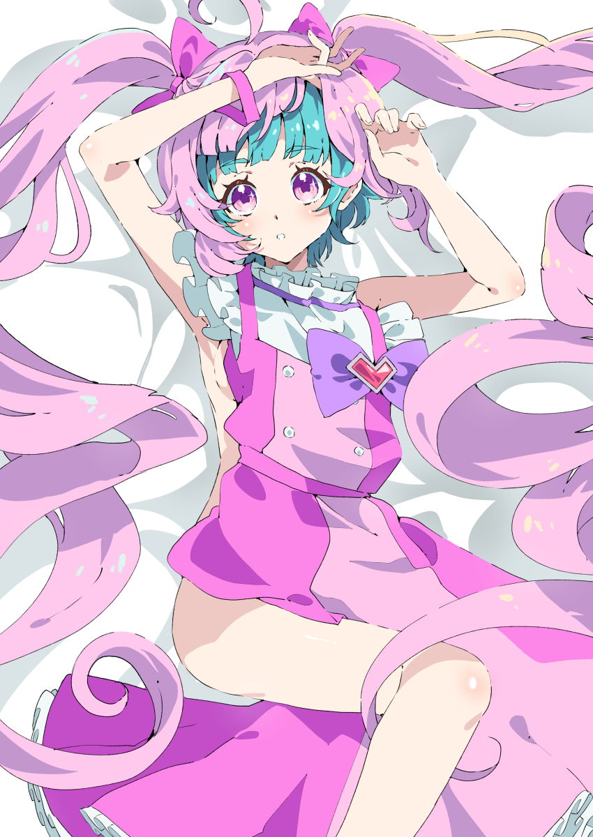 1girl, absurdres, aozora_himari, aozora_himari_(cosplay), arms_up, blunt_bangs, bow, completely_nude, cosplay, dress, feet_out_of_frame, fujidera_minori, green_hair, hair_bow, hair_visible_through_wig, highres, himitsu_no_aipri, idol_clothes, long_hair, looking_at_viewer, lying, nude, omega_auru, on_back, pink_bow, pink_dress, pink_hair, pretty_series, purple_bow, purple_eyes, short_hair, solo, tsujii_luki, twintails, unworn_dress, very_long_hair, voice_actor_connection, waccha_primagi!, wig