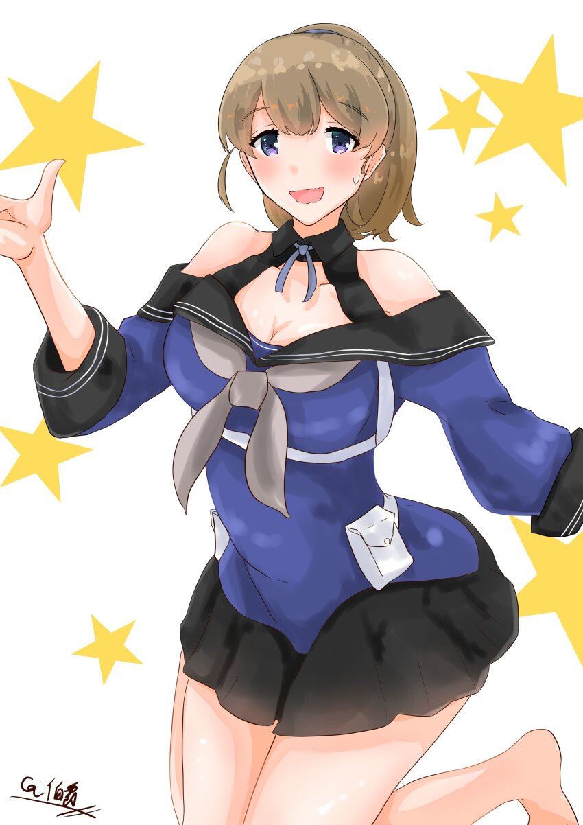 1girl, absurdres, barefoot, black_skirt, blue_eyes, blue_shirt, breasts, brown_hair