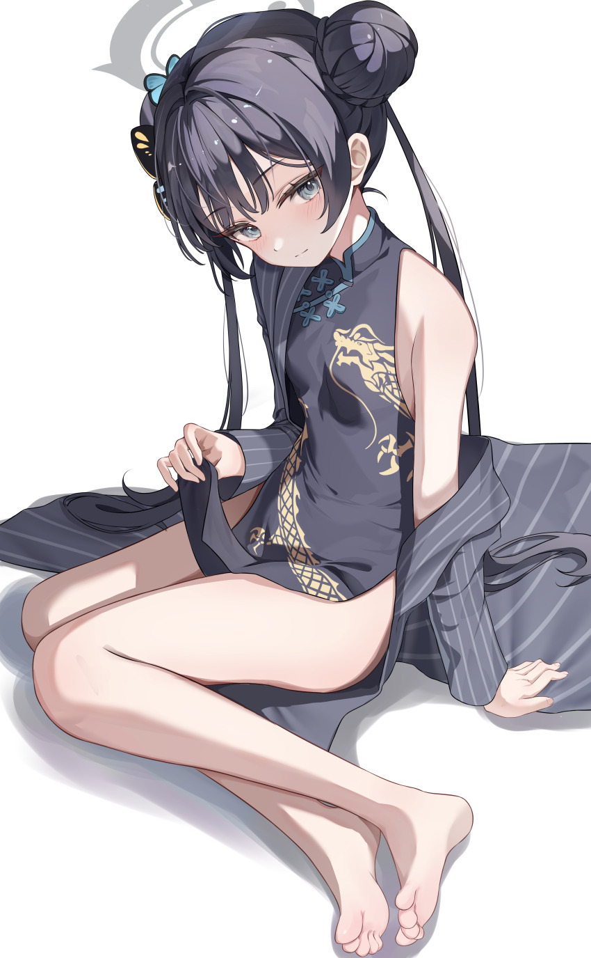 1girl, absurdres, barefoot, black_dress, black_hair, blue_archive, blush, braid