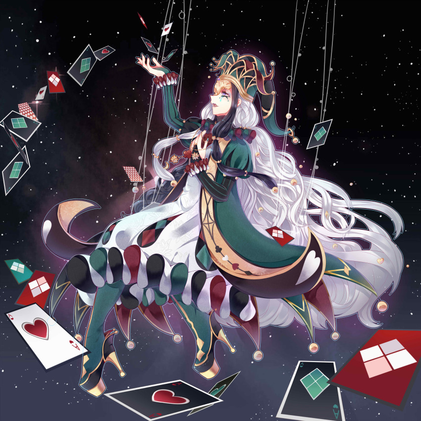 1girl, absurdly_long_hair, absurdres, ace_(playing_card), ace_of_diamonds, ace_of_hearts, black_bridal_gauntlets, black_footwear, black_hair, black_shirt, bow, bowtie, bridal_gauntlets, bubble_skirt, card, clown, coattails, diamond_(shape), dress, facial_tattoo, floating_card, frilled_dress, frills, full_body, gold_ring, green_dress, green_hat, green_pantyhose, hair_bobbles, hair_ornament, half_mask, hat, heart, heart_print, high_heels, highres, jester_cap, joker_&amp;_diamond_mask_(miracle_nikki), layered_dress, long_dress, long_hair, makeup, mascara, mask, miracle_nikki, multicolored_hair, music, neck_ruff, nikki_(series), open_clothes, open_dress, open_mouth, pantyhose, playing_card, pom_pom_(clothes), puffy_short_sleeves, puffy_sleeves, puppet_strings, purple_eyes, red_bow, red_bowtie, red_wrist_cuffs, runny_makeup, shirt, shirt_under_dress, short_sleeves, sidelocks, singing, skirt, solo, space, star_(sky), striped_clothes, tailcoat, tattoo, teardrop_tattoo, turtleneck, turtleneck_shirt, two-tone_hair, two-tone_wrist_cuffs, vertical-striped_clothes, very_long_hair, white_dress, white_hair, white_wrist_cuffs, wrist_cuffs, yellow_mask, youzi_xia