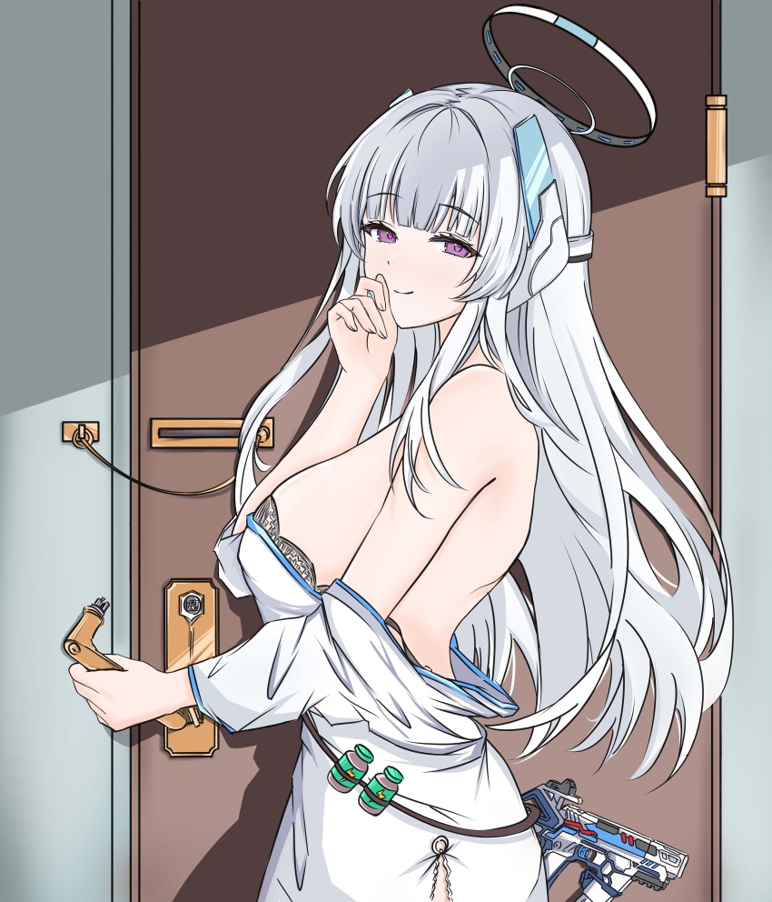 1girl, absurdres, blue_archive, breasts, ccp19, commentary, commentary_request, door