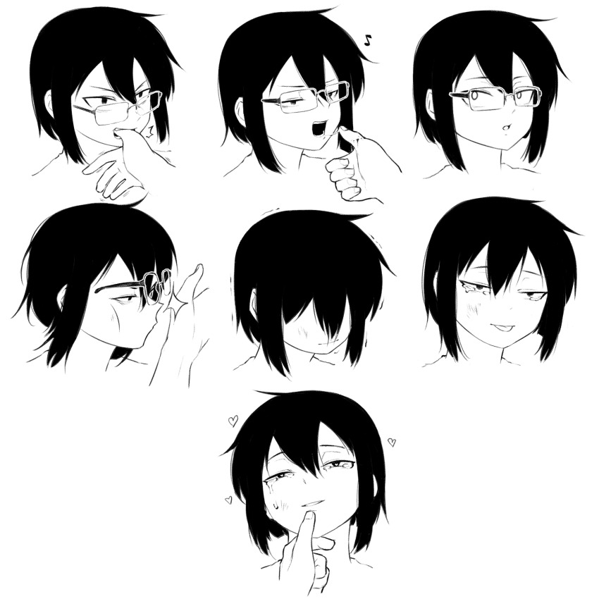 1girl, 1other, biting_another's_finger, commentary, eighth_note, english_commentary, finger_in_another's_mouth, glasses