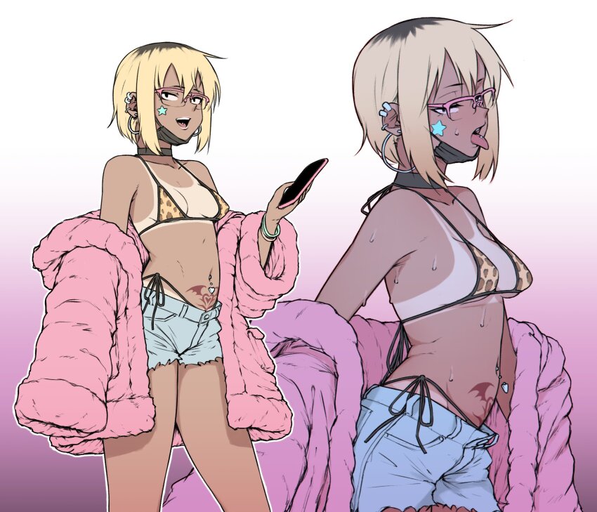 1girl, animal_print, bikini, bikini_tan, bikini_under_clothes, black_choker, black_hair, blonde_hair, bracelet, breasts, cellphone, choker, commentary, denim, denim_shorts, ear_piercing, earrings, english_commentary, glasses, gradient_background, gyaru, highres, holding, holding_phone, hoop_earrings, jewelry, leopard_print, mask, mask_pull, mouth_mask, multicolored_hair, navel_piercing, off_shoulder, open_mouth, original, over-rim_eyewear, phone, piercing, pink-framed_eyewear, pink_hair, pubic_tattoo, roots_(hair), semi-rimless_eyewear, short_shorts, shorts, side-tie_bikini_bottom, small_breasts, smartphone, smile, sticker, sticker_on_face, sweat, swimsuit, tan, tanline, tattoo, tongue, tongue_out, tongue_piercing, torn_clothes, torn_shorts, two-tone_hair, yblndr