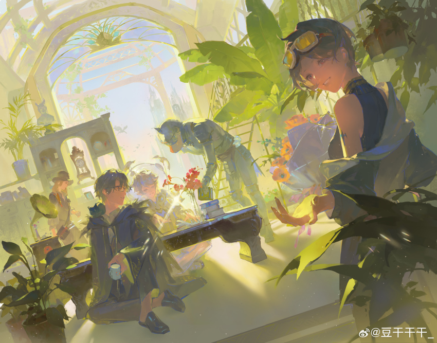 1girl, 4boys, absurdres, armor, bag, bare_shoulders, black-framed_eyewear, black_bag