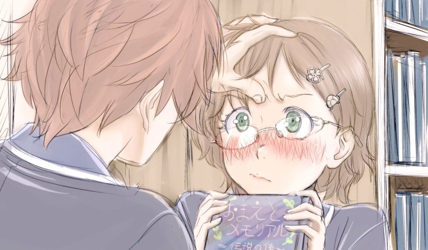 1boy, 1girl, blush, chounan, glasses, godou_tsugumi, hair_ornament, hairpin