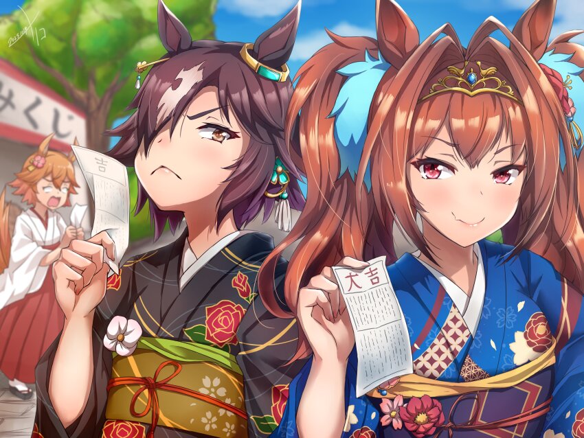 1girl, absurdres, animal_ears, blue_gem, commentary_request, daiwa_scarlet_(umamusume), flower, gem, hajimelico, highres, horse_ears, horse_girl, japanese_clothes, matikanefukukitaru_(umamusume), red_hair, sky, solo, tiara, twintails, umamusume, vodka_(umamusume)