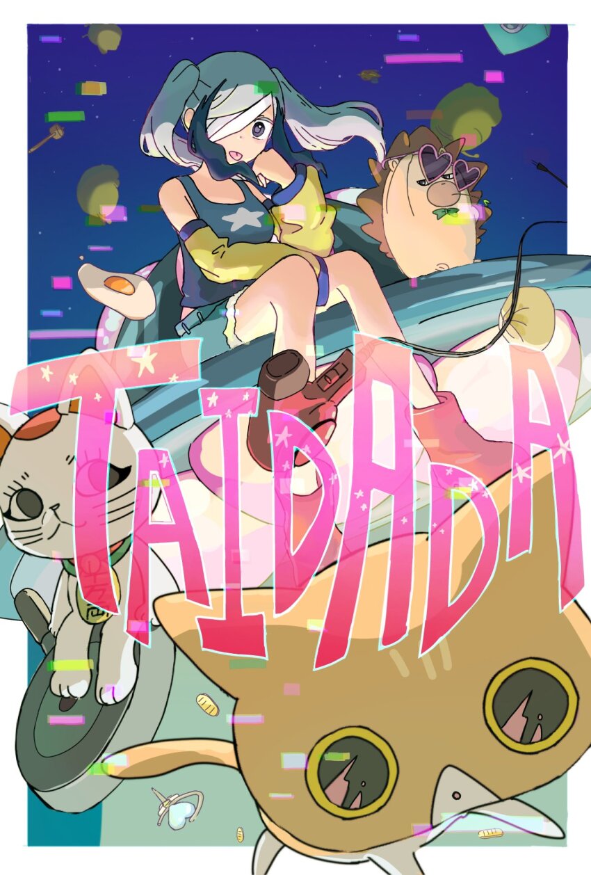 1boy, 2girls, :p, ankle_boots, bandage_over_one_eye, bare_shoulders, black_hair, blue_trim