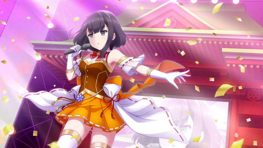 1girl, bare_shoulders, black_hair, breasts, brown_shirt, confetti, elbow_gloves, game_cg
