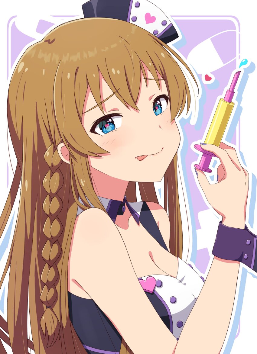 1girl, :p, absurdres, bare_shoulders, blue_eyes, blush, braid, breasts