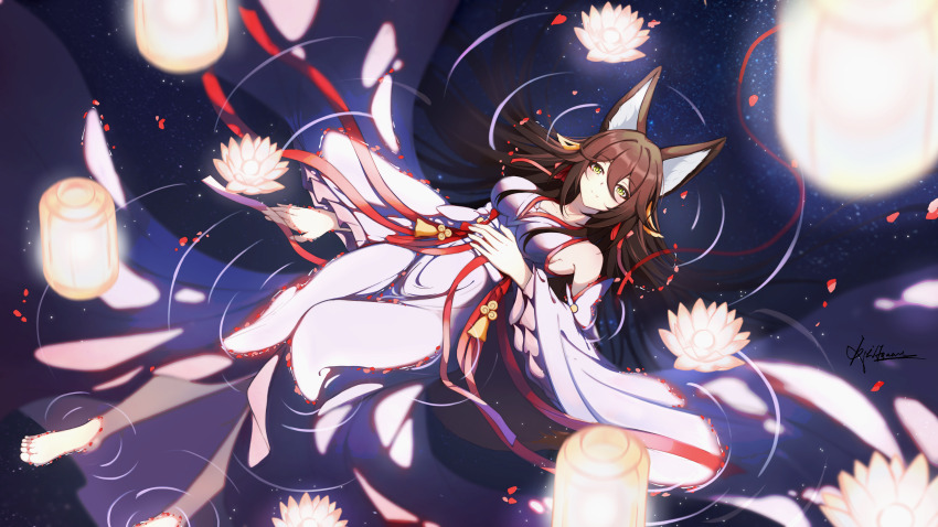 1girl, absurdres, animal_ears, barefoot, breasts, brown_hair, chinese_commentary, commentary_request