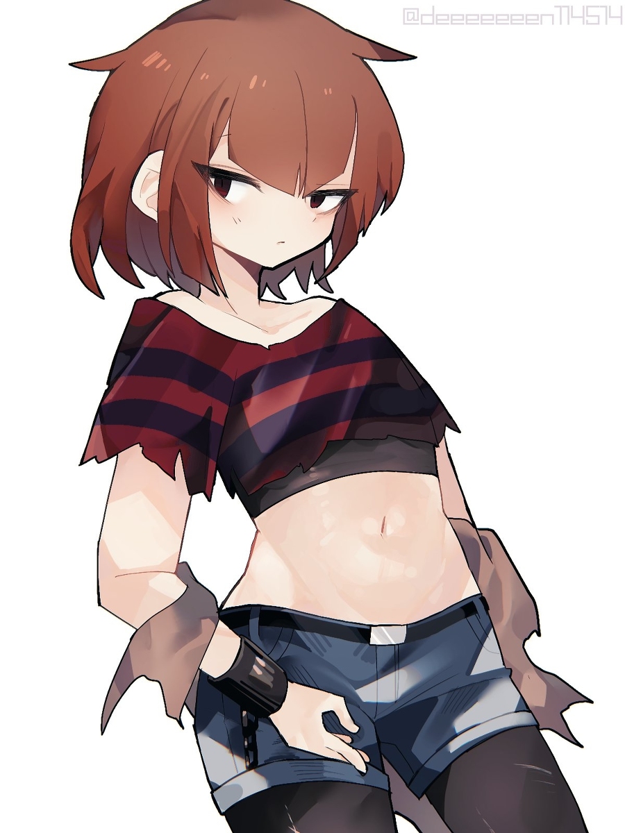 alternate_universe, black_leggings, bracelet, brown_eyes, brown_hair, chara_(undertale), crop_top, deeeeeeen114514, denim, denim_shorts, echoswap, genderswap, genderswap_(otf), highres, jewelry, leggings, red_shirt, shirt, shorts, solo, striped_clothes, striped_shirt, undertale, utdr_(toby_fox), white_background