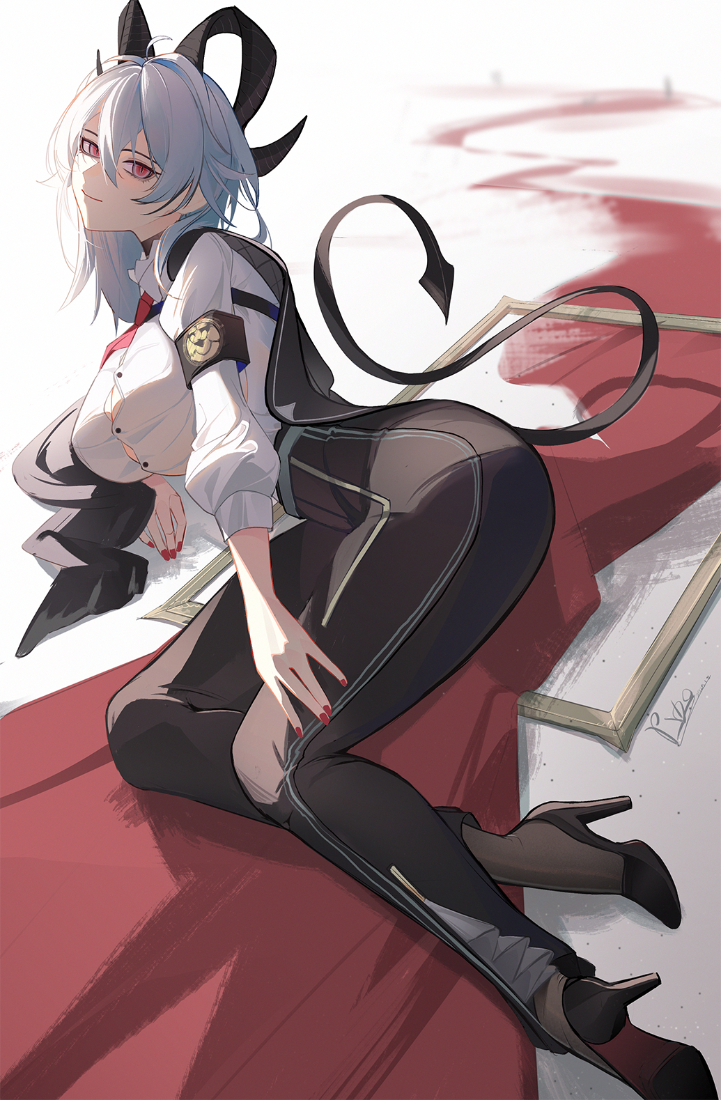 1girl, armband, black_armband, black_horns, black_pants, breasts, button_gap, chinese_commentary