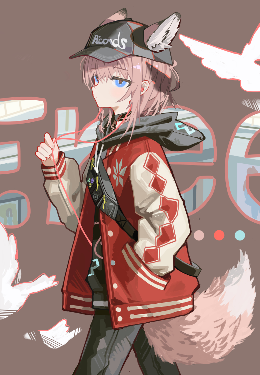1girl, absurdres, animal_ears, arknights, baseball_cap, black_hat, black_pants, blue_eyes, closed_mouth, commentary, earbuds, earphones, ears_through_headwear, extra_ears, fox_ears, fox_girl, fox_tail, from_side, hand_in_pocket, hat, highres, hood, hood_down, jacket, kanshio, long_sleeves, medium_hair, pants, pink_hair, puffy_long_sleeves, puffy_sleeves, red_jacket, solo, sussurro_(arknights), sussurro_(travel_freely)_(arknights), tail