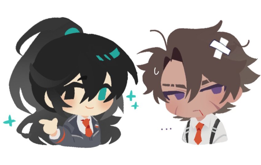 ..., 2boys, :|, aqua_eyes, bandage_on_hair, black_eyes, black_hair, brown_hair