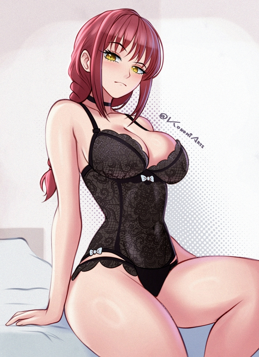 1girl, bed, black_choker, black_dress, bow, bowtie, braid, braided_ponytail, breasts, chainsaw_man, choker, cleavage, corset, dress, hand_on_bed, highres, konomidraws, large_breasts, long_hair, looking_at_viewer, makima_(chainsaw_man), red_hair, ringed_eyes, sitting, solo, twitter_username, upper_body, yellow_eyes