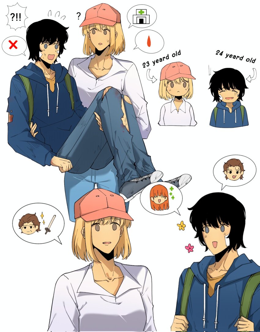 !?, 2boys, 2girls, bag, black_hair, blonde_hair, breasts, cha_hae-in