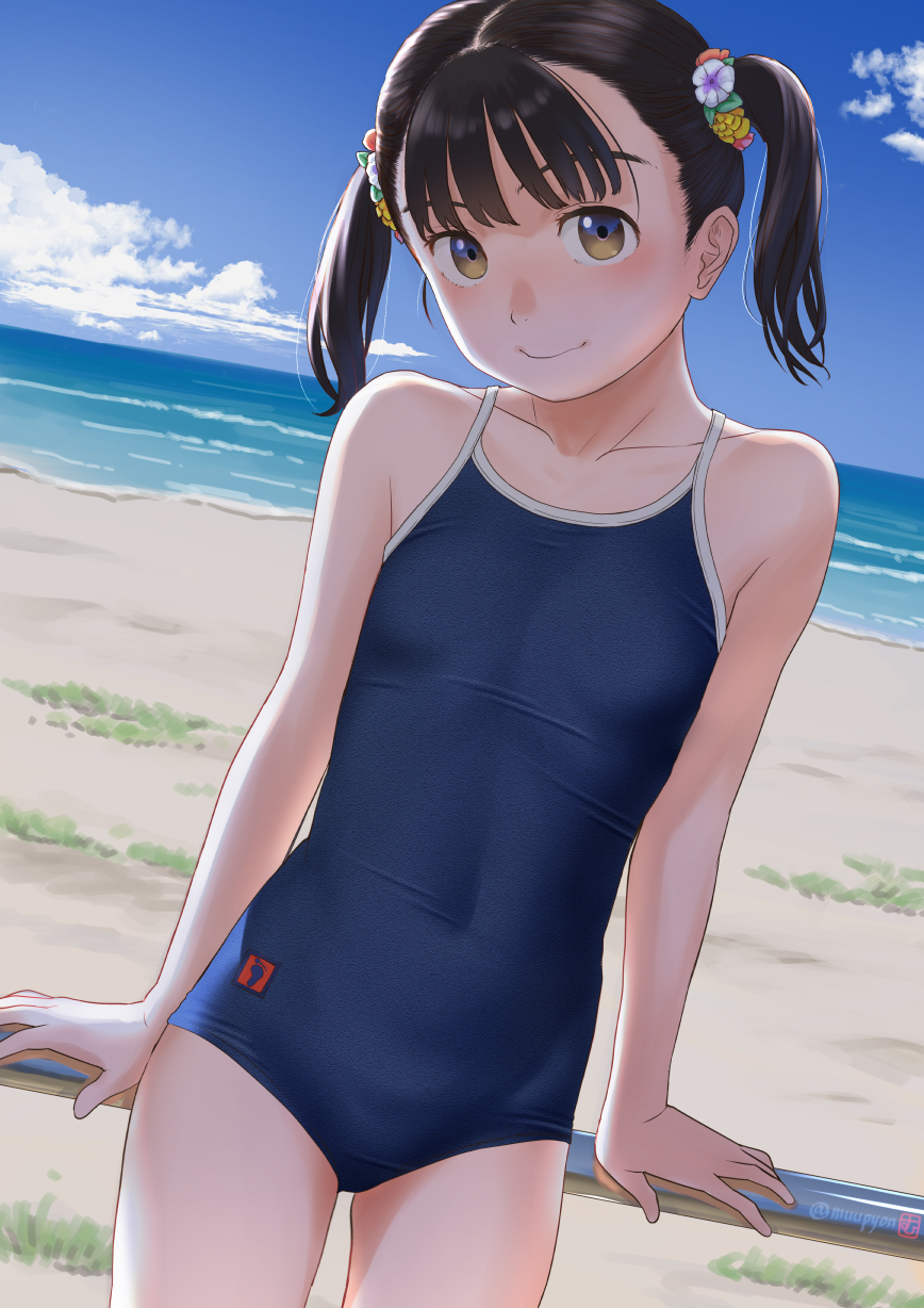 1girl, beach, black_hair, blue_one-piece_swimsuit, brown_eyes, check_commentary, commentary_request, competition_school_swimsuit