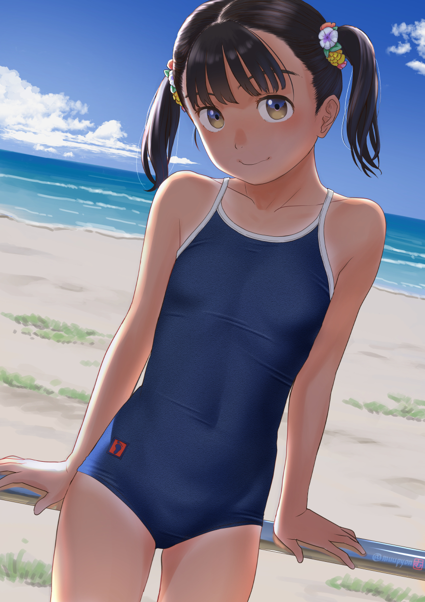 1girl, beach, black_hair, blue_one-piece_swimsuit, brown_eyes, check_commentary, commentary_request, competition_school_swimsuit