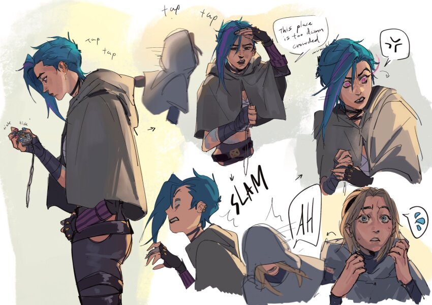 2girls, arcane:_league_of_legends, arcane_jinx, asymmetrical_bangs, blonde_hair, blue_eyes, blue_hair, cape