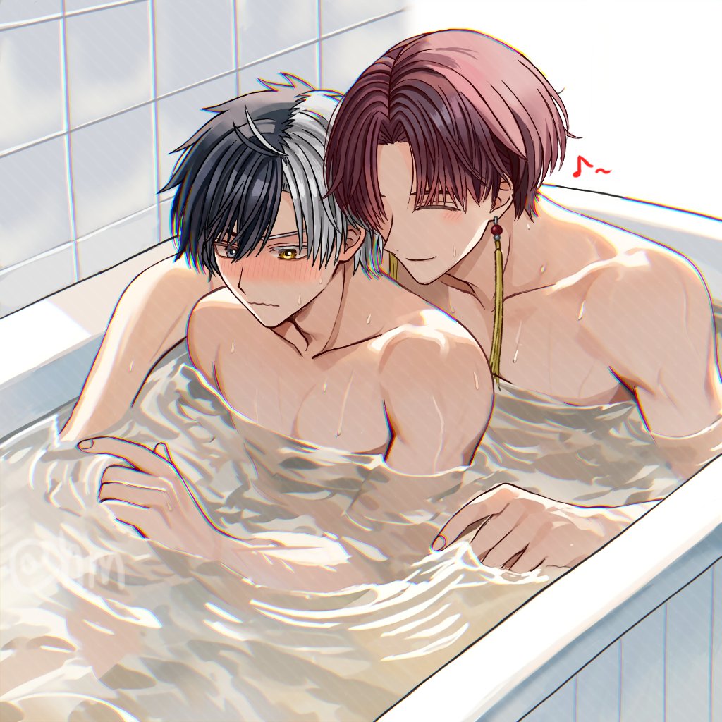 2boys, bath, bathing, bathroom, bathtub, black_eyes, black_hair, blush