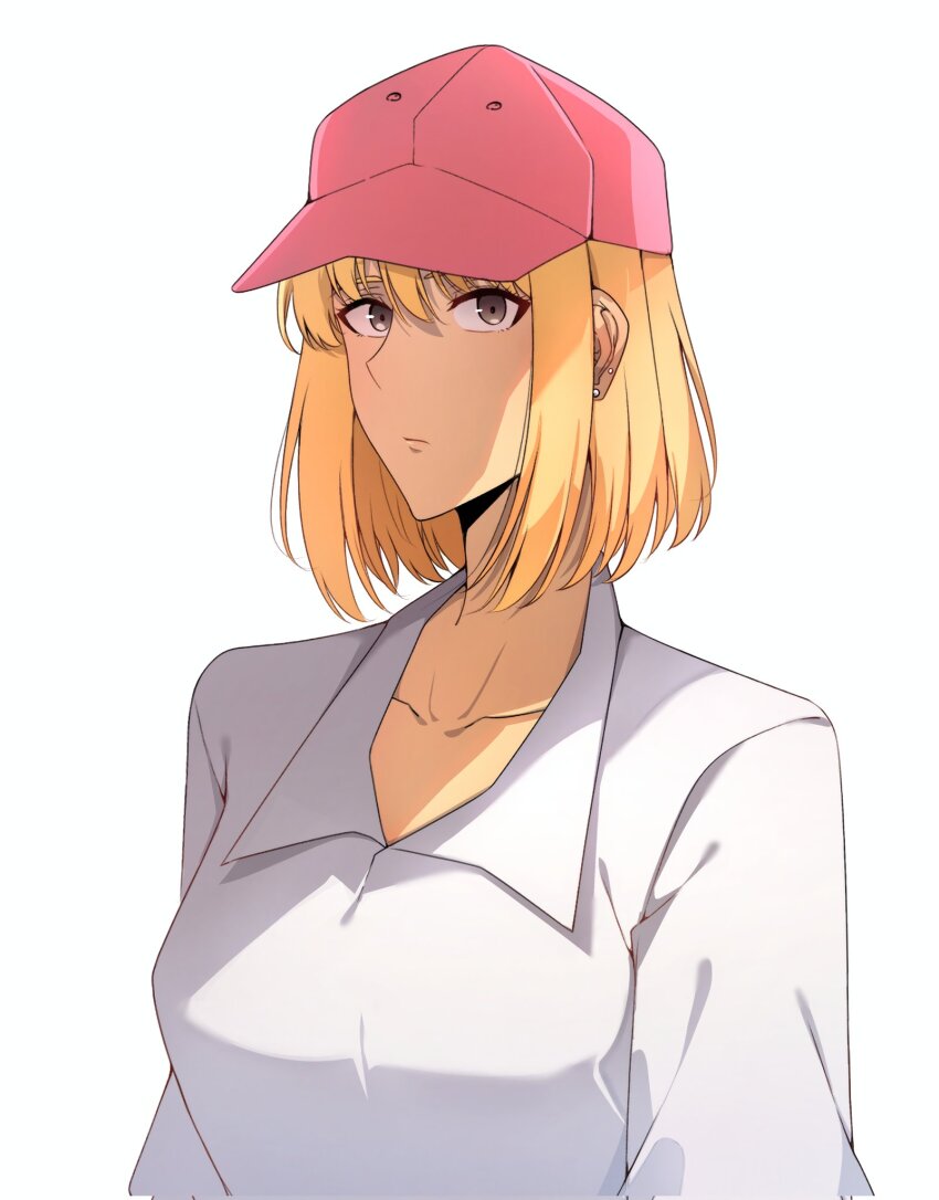 1girl, blonde_hair, breasts, cha_hae-in, closed_mouth, collarbone, hat, highres