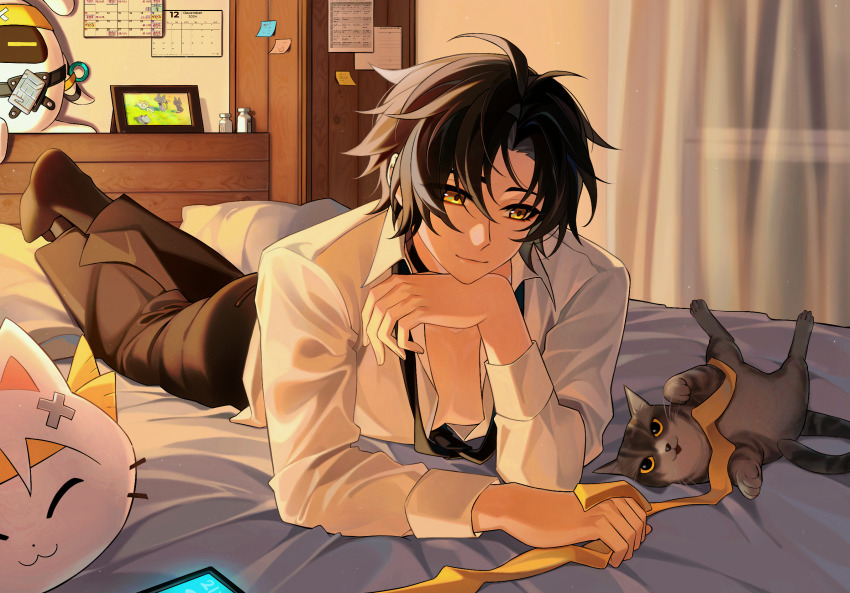 1boy, asaba_harumasa, asaba_harumasa_(cat), bandana, bishounen, black_hair, black_necktie, cat